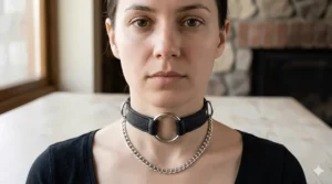Front-facing view of a black leather choker featuring a central silver O-ring and chain.