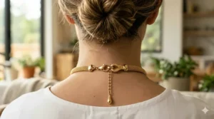 The adjustable lobster clasp and extender chain of a gold choker necklace with a pendant.