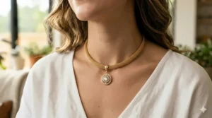 Macro shot of a gold choker necklace featuring an intricate sunburst pendant.