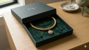A yellow gold choker necklace with a heart pendant displayed in a premium velvet gift box.