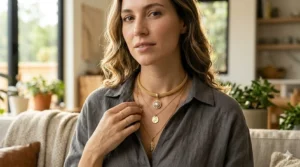 A lifestyle image of a woman wearing a gold choker necklace with a circular pendant and a white linen shirt.