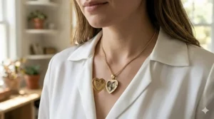 Woman wearing a dainty 14k gold heart locket necklace over a white silk blouse.