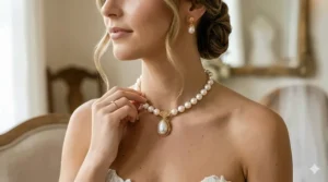Elegant gold-plated pearl choker necklace featuring a central teardrop pearl for a wedding.