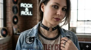 A grunge-inspired outfit featuring a black leather choker with chain and a dark denim jacket.