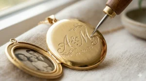 Close-up detail of a custom engraved locket necklace with a name written in elegant cursive script.