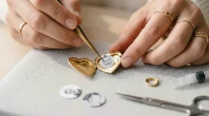 A photorealistic 4K detailed photograph showing a close-up of a person's hands carefully using jewelry tools to place a small trimmed black and white photo into the open inner chamber of a personalized gold heart-shaped locket necklace.