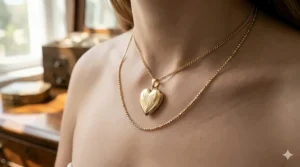 A layered jewelry look featuring a 14k gold heart locket necklace and a thin gold chain.