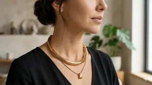 A layered jewelry look featuring a thick adjustable metal collar necklace and a thin gold pendant.