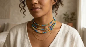 A trendy look featuring a colorful beaded choker necklace layered with thin gold chains.
