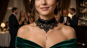 Trendy layered jewelry look featuring a black lace choker necklace and thin gold chains.