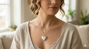 Model wearing a custom engraved locket necklace layered with other gold chains for a modern look.