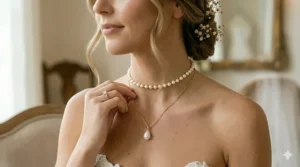 A layered bridal jewelry set featuring a gold pearl choker and a long dainty pearl pendant.