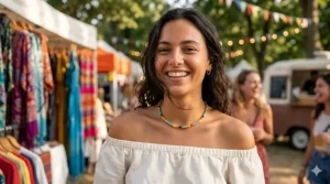 A smiling person wearing a colorful beaded choker necklace during a summer outdoor festival.