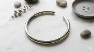 Overhead view of an open-back silver adjustable metal collar necklace on a white marble surface.