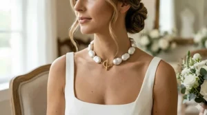 Modern bridal choker made of large organic baroque pearls with a contemporary toggle clasp.
