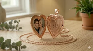 The interior of an open rose gold heart locket featuring a portrait on one side and an engraved initial on the other.