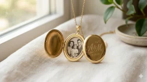 An open custom engraved locket necklace displaying two heart-shaped family portraits inside.