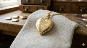 Hand-engraved 14k gold heart locket necklace featuring custom initials.