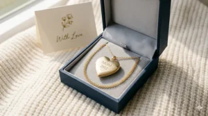 A photorealistic 4K detailed product shot of the back of the gold heart-shaped personalized photo locket necklace, featuring the "MOM" and "2022" engraving, presented inside an open navy blue gift box with a light grey silk lining.