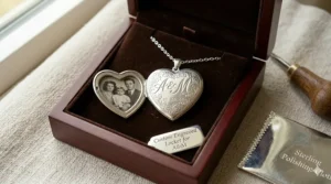 A custom engraved locket necklace tucked into a velvet jewelry box for a special anniversary gift.