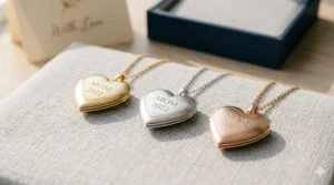 A photorealistic 4K detailed product photograph featuring three identical heart-shaped personalized photo locket necklaces in polished yellow gold, sterling silver, and rose gold.