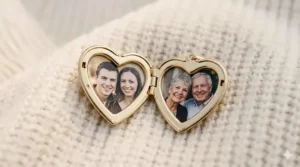 A detailed interior view of an open gold heart-shaped personalized photo locket necklace, resting on a knit sweater, showing two small family photos inside.