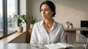 A professional outfit styled with a structured adjustable metal collar necklace over a white button-down shirt.