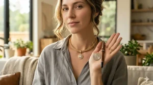 A rose gold choker necklace with a teardrop-shaped pendant showcasing a modern silhouette.