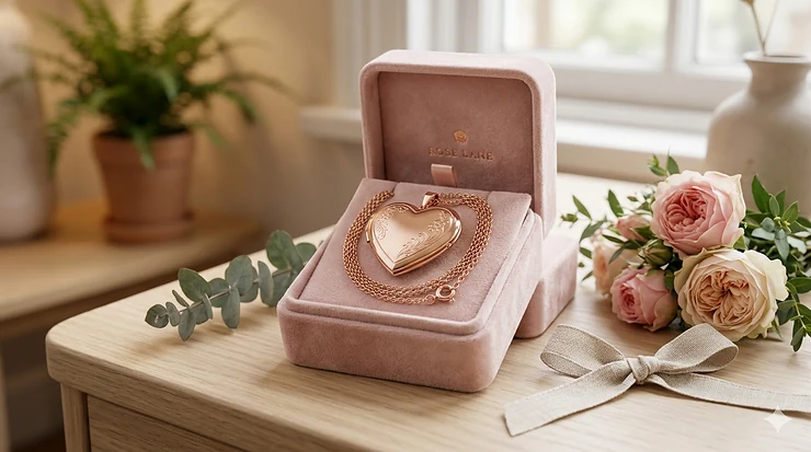 A romantic close-up of a polished rose gold heart locket being held in a gift box, perfect for a girlfriend's anniversary gift. rose gold heart locket for girlfriend