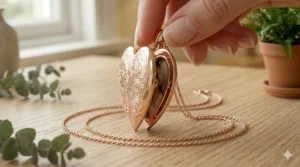 A small rose gold heart locket held between fingers to show scale and delicate proportions.