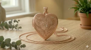 A premium rose gold heart locket accented with small diamonds, styled on a wooden surface with natural light.