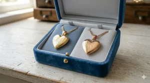 Comparison of a rose gold and a classic 14k yellow gold heart locket necklace side-by-side.