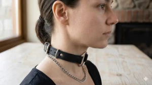 Side profile of an adjustable black leather choker with a delicate metal chain accent.