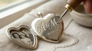 A sterling silver custom engraved locket necklace in a classic heart shape with polished finish.