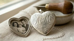 Antique-inspired custom engraved locket necklace with intricate scrollwork and personalized initials.
