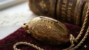 The back of a solid gold antique locket showing official vintage authenticity hallmarks and stamps.