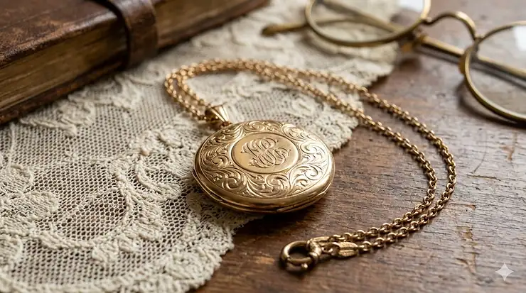 An intricate antique Victorian gold locket necklace with hand-engraved floral patterns on a gold chain.