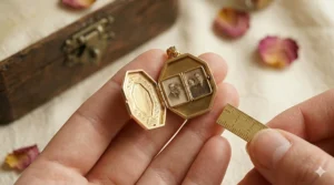 A gold Art Deco locket necklace held in a hand to demonstrate its scale and pendant size.