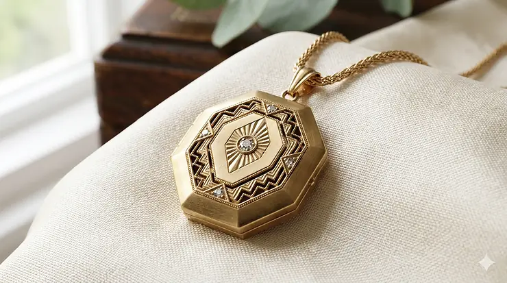 A vintage-inspired gold Art Deco locket necklace featuring signature geometric engraving on a delicate gold chain. art deco locket necklace gold