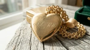 Close-up illustration showing custom monogram engraving on the surface of a large gold locket necklace.