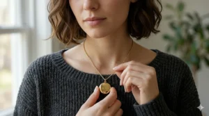 A lifestyle shot of a woman in a grey sweater wearing a small gold locket necklace dainty charm with a personalized monogram.