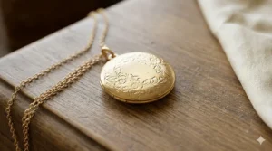Close-up macro shot of a small gold locket necklace dainty engraved floral pattern on a weathered wooden surface.