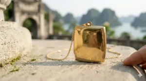 A personalized square gold locket necklace featuring a custom engraved initial in cursive script.