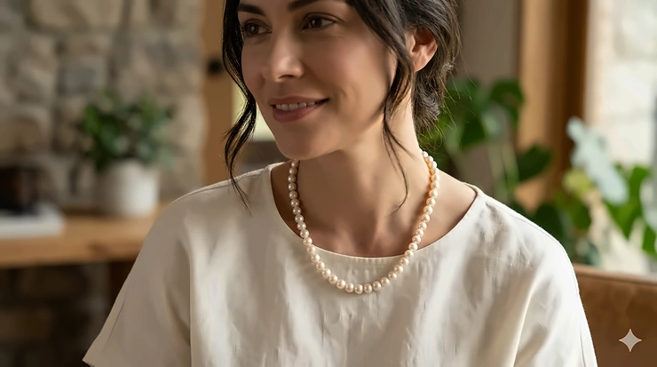 A woman wearing a classic single-strand freshwater pearl necklace against a soft-focus background. freshwater pearl necklace for women