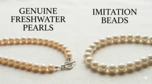 A side-by-side comparison of genuine freshwater pearls versus synthetic imitation beads.