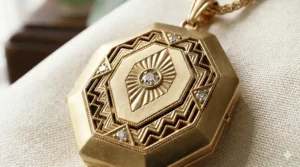 Close-up view of the intricate sunburst geometric patterns on a 14k gold Art Deco locket.