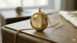 A small gold locket necklace dainty jewelry piece displayed elegantly on a wooden surface with soft natural light.