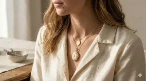 Aesthetic flat lay of a gold oval locket necklace paired with gold hoop earrings and a silk ribbon.