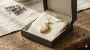 A luxury velvet gift box containing a shimmering gold oval locket necklace.