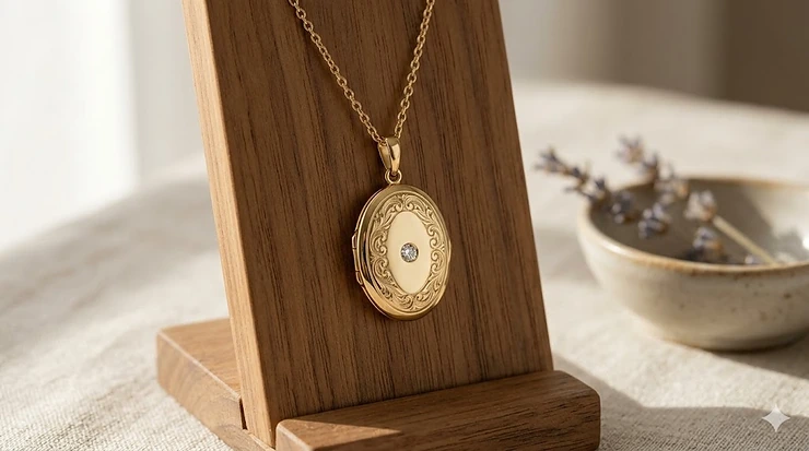 A polished 14k gold oval locket necklace displayed on a minimalist jewelry bust.